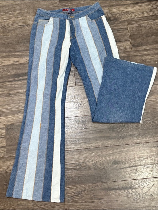 Denim - Striped Multi-Blue Denim Flare Jeans